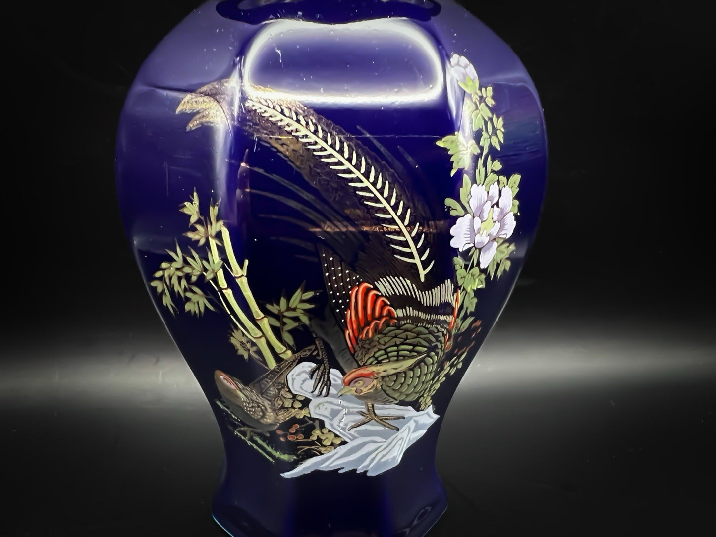 Chinese Blue Ginger Jar - Vintage Porcelain With Lid Hand-Painted Gold Trim