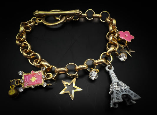 Golden Belcher Chain Toggle Clasp Bracelet  With Eiffel Tower, Ace, Stars Charms