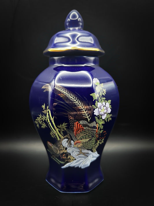 Chinese Blue Ginger Jar - Vintage Porcelain With Lid Hand-Painted Gold Trim