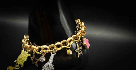 Golden Belcher Chain Toggle Clasp Bracelet  With Eiffel Tower, Ace, Stars Charms