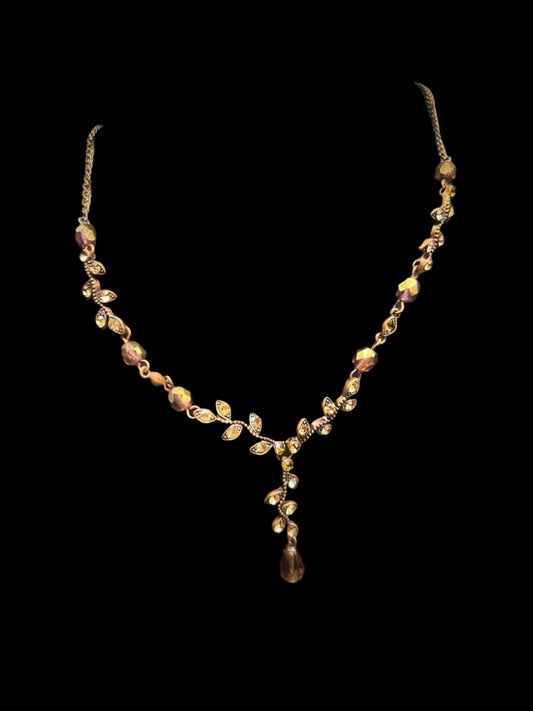 Rare Austrian Crystal Vintage Y-drop Necklace & Box, Bronze Coloured Jewellery
