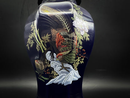 Chinese Blue Ginger Jar - Vintage Porcelain With Lid Hand-Painted Gold Trim