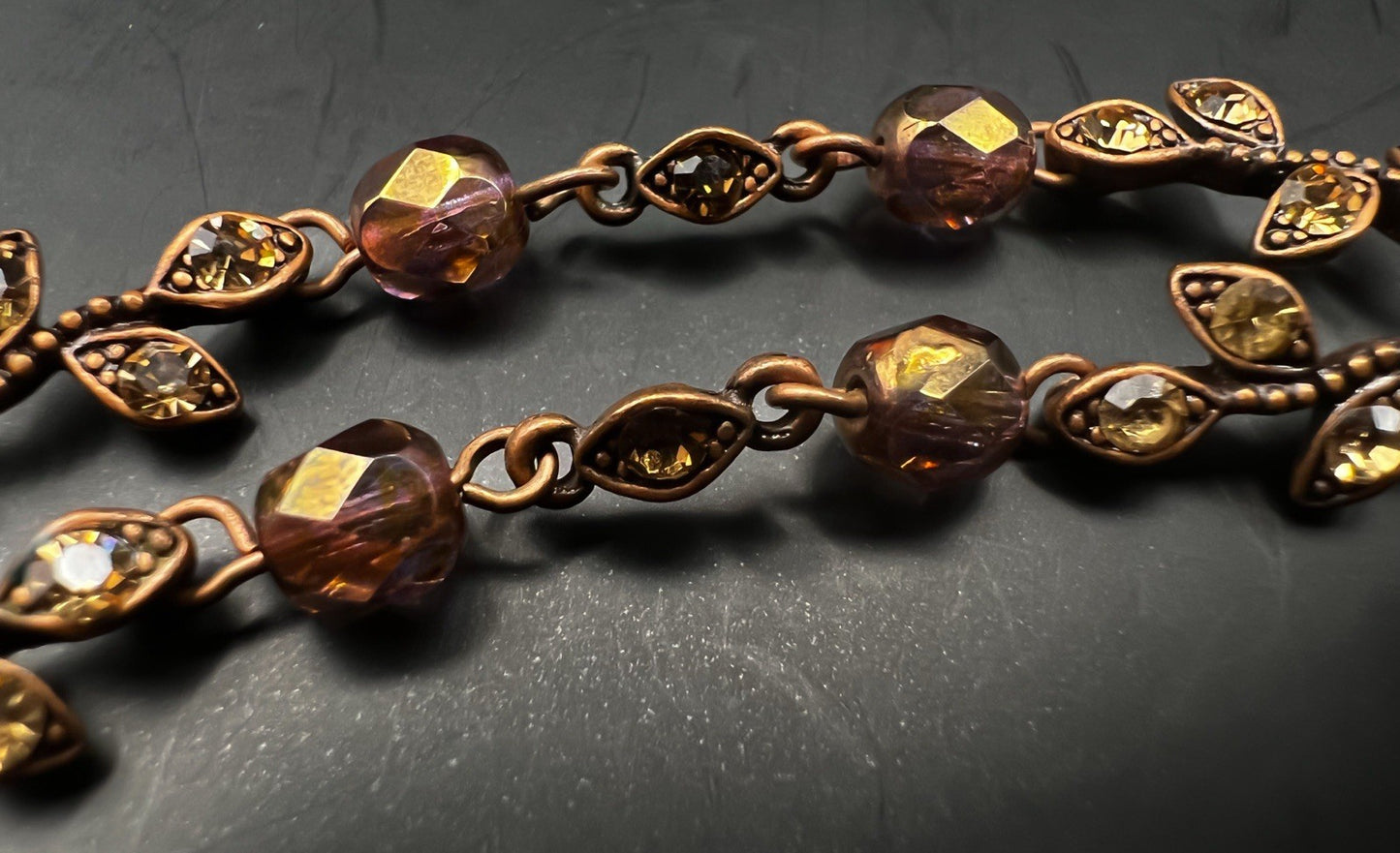 Rare Austrian Crystal Vintage Y-drop Necklace & Box, Bronze Coloured Jewellery