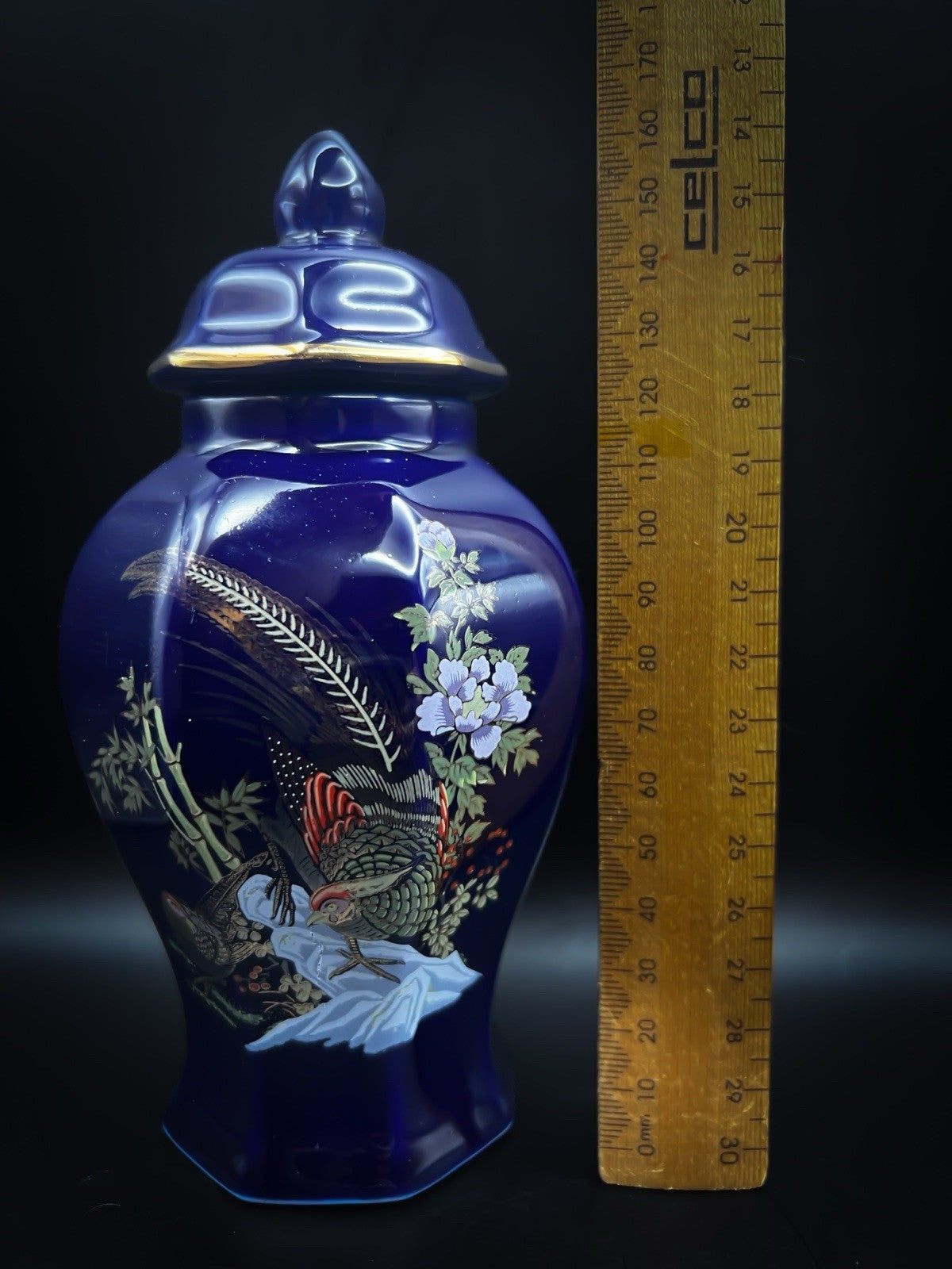 Chinese Blue Ginger Jar - Vintage Porcelain With Lid Hand-Painted Gold Trim