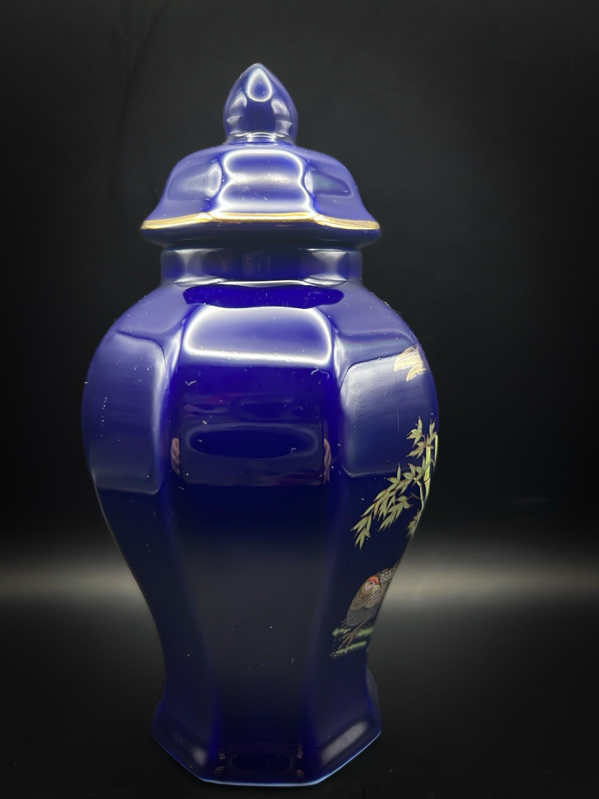 Chinese Blue Ginger Jar - Vintage Porcelain With Lid Hand-Painted Gold Trim