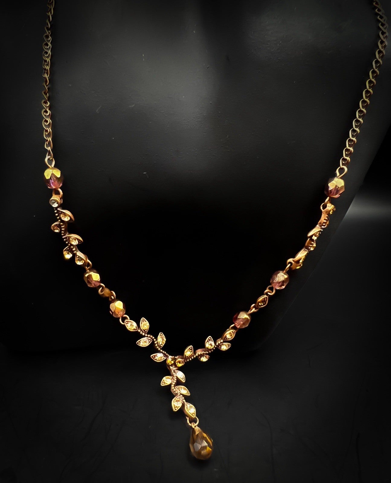 Rare Austrian Crystal Vintage Y-drop Necklace & Box, Bronze Coloured Jewellery