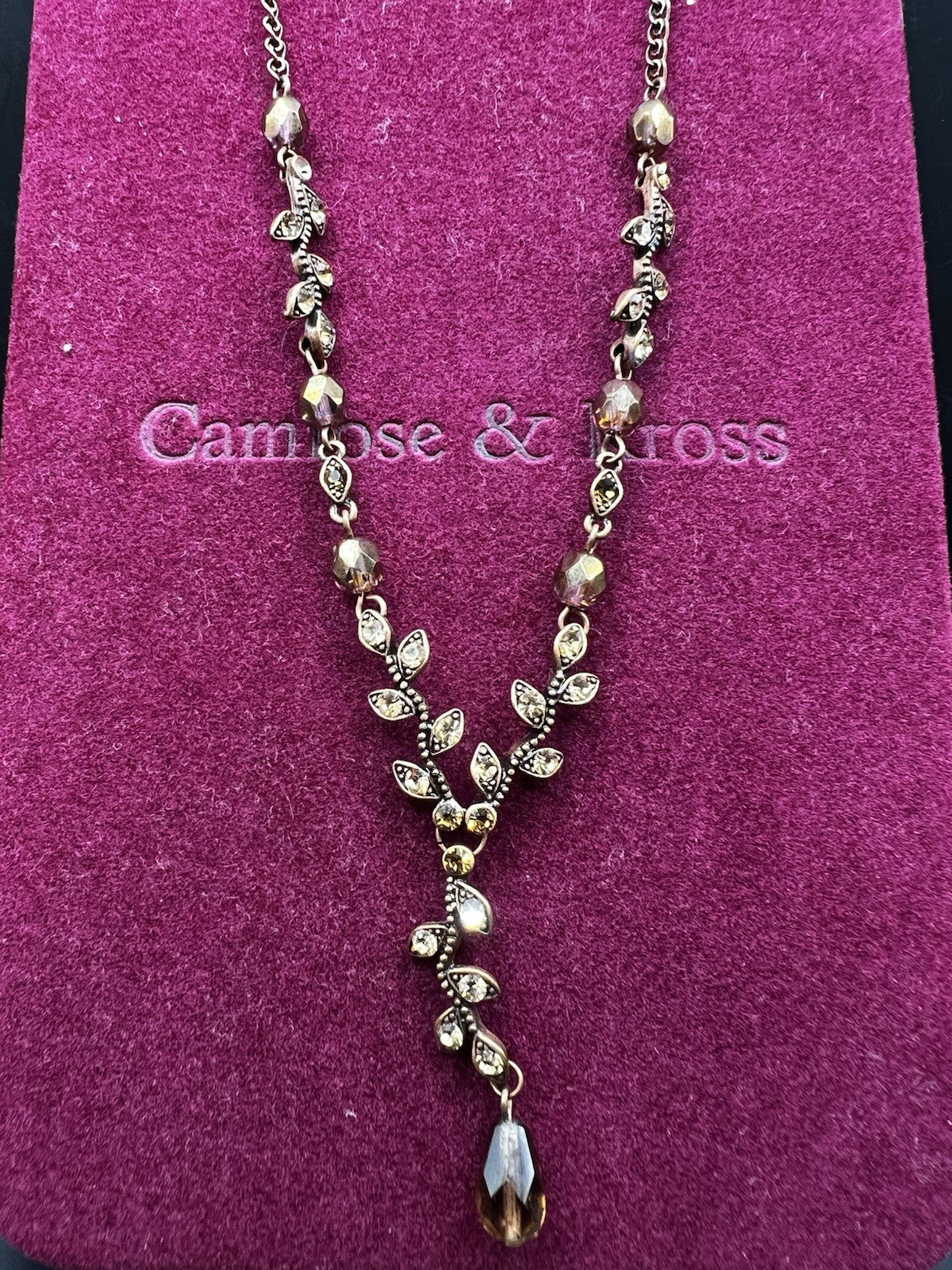 Rare Austrian Crystal Vintage Y-drop Necklace & Box, Bronze Coloured Jewellery