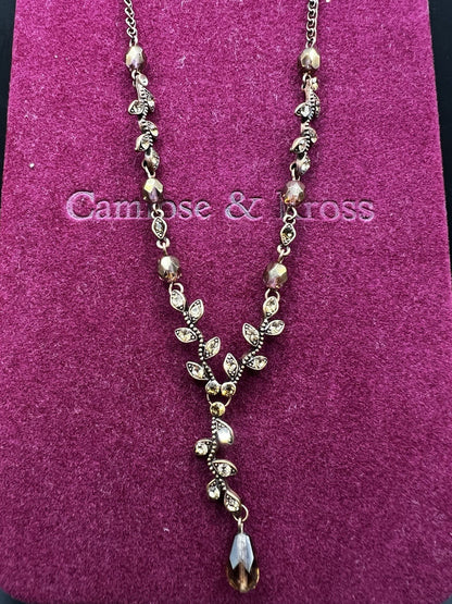 Rare Austrian Crystal Vintage Y-drop Necklace & Box, Bronze Coloured Jewellery