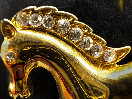 14kt Yellow Gold Plated Horse Brooch with Clear Stones 14g, Equestrian Jewellery
