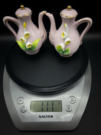 Vintage Japanese Pink Gold Trimmed Tea Pot Salt Pepper Shakers Floral Porcelain