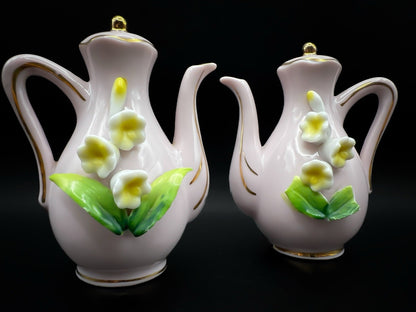 Vintage Japanese Pink Gold Trimmed Tea Pot Salt Pepper Shakers Floral Porcelain