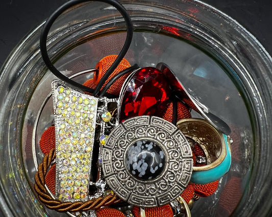Small 10pc Mystery Jewellery Jar With Costume Jewelry, Earrings, Rings, Necklace