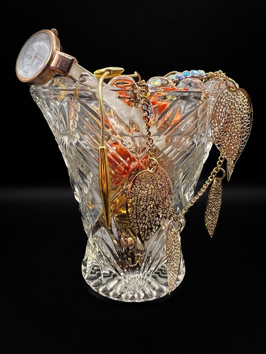 Gold Toned Theme Mystery Jewellery Jar In Vintage Glass Vase, Costume Jewelry