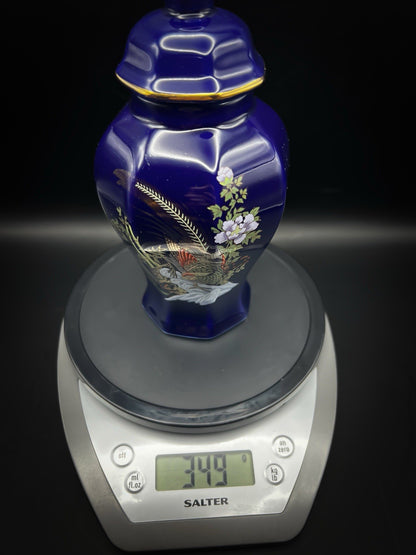 Chinese Blue Ginger Jar - Vintage Porcelain With Lid Hand-Painted Gold Trim