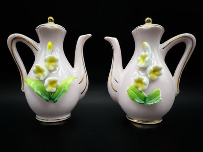Vintage Japanese Pink Gold Trimmed Tea Pot Salt Pepper Shakers Floral Porcelain