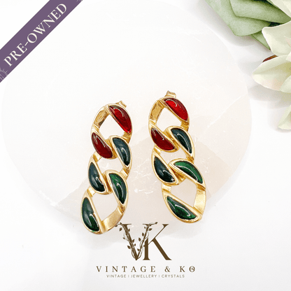 10k Gold Plated Red & Green Resin Chain Stud Earrings