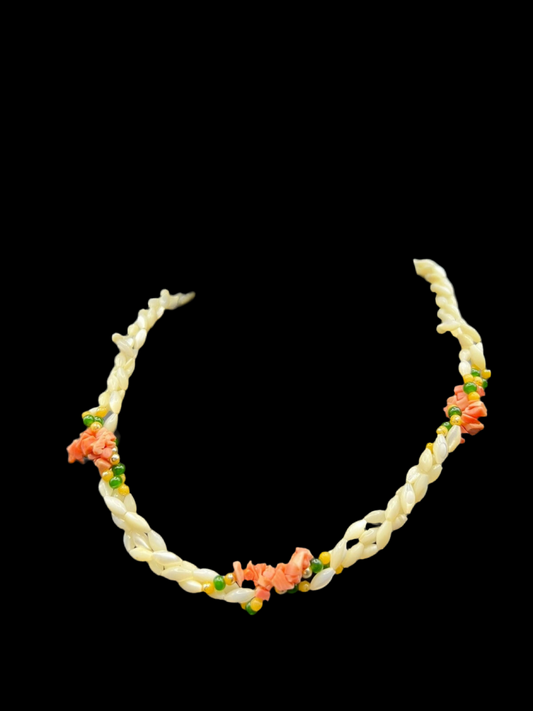 Vintage Jade & Coral Mother Of Pearl Twist Necklace, Artisan Boho Jewelry