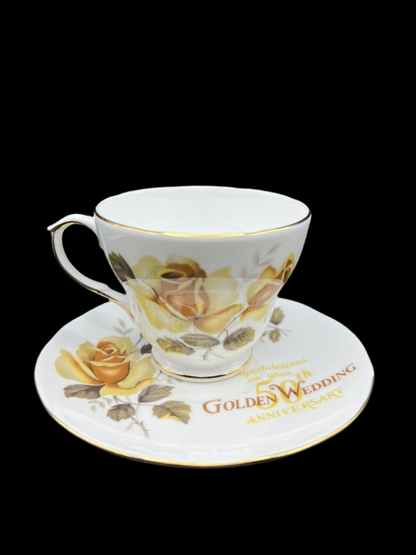 Duchess Bone China Tea Cup and Saucer 50th Anniversary Set with Yellow Roses