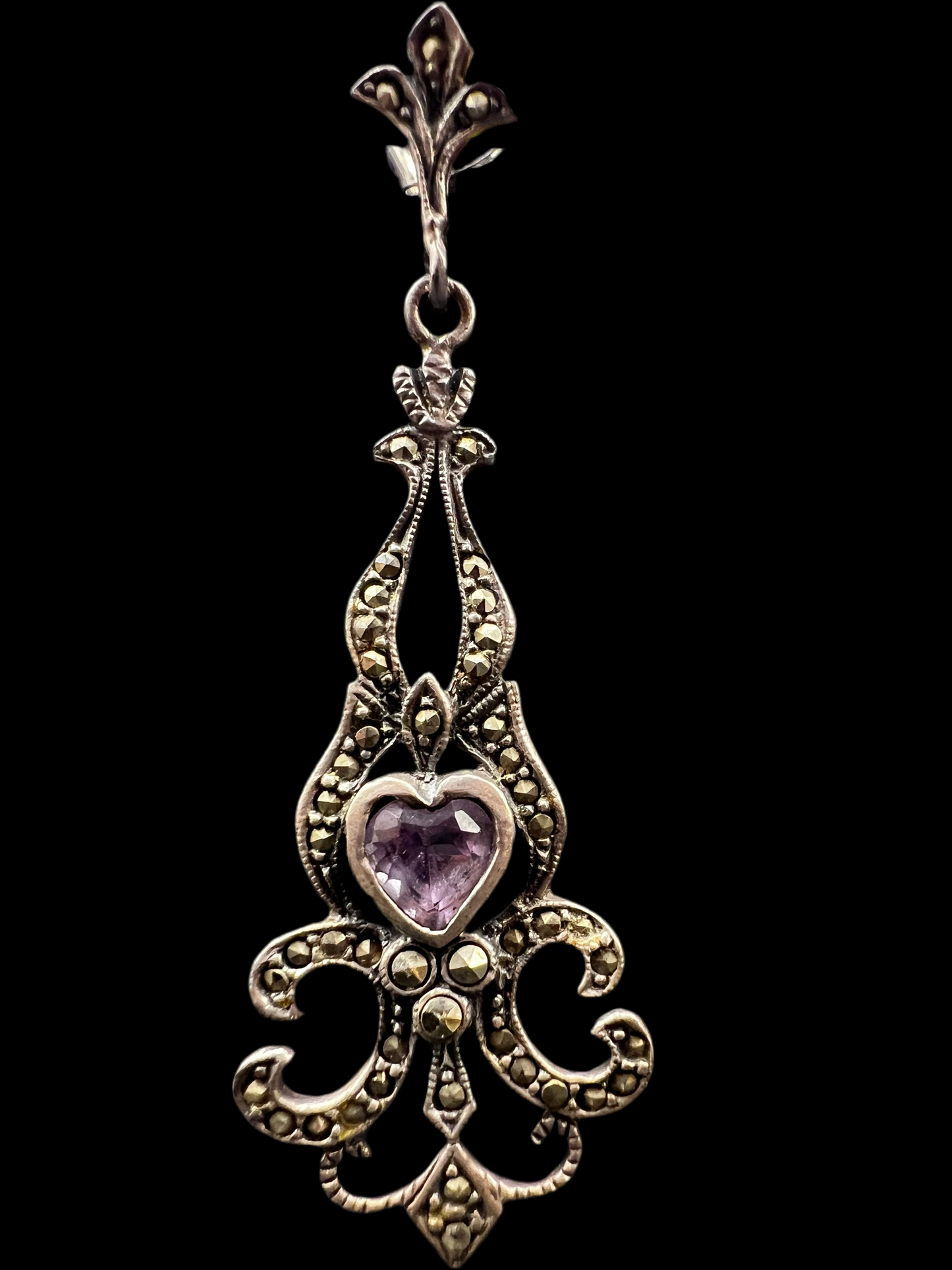Vintage 925 Victorian Revival Marcasite & Heart Drop Earrings – Late 1990s