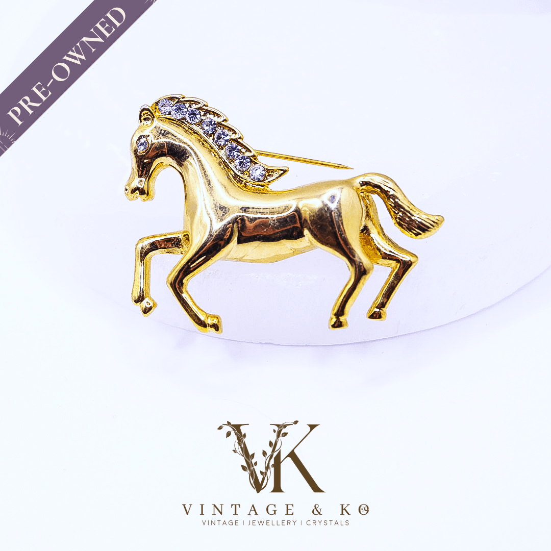 14k Gold - Plated Horse Brooch with Clear Stones