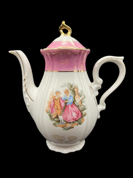 Vintage Pink & White Hand-Painted Porcelain Teapot with Gold Accents – Victorian