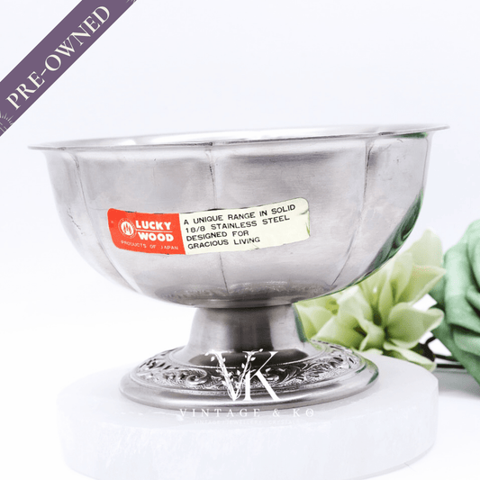18/10 Stamped Stainless Steel Bowl with Original Sticker, Vintage Lucky Wood