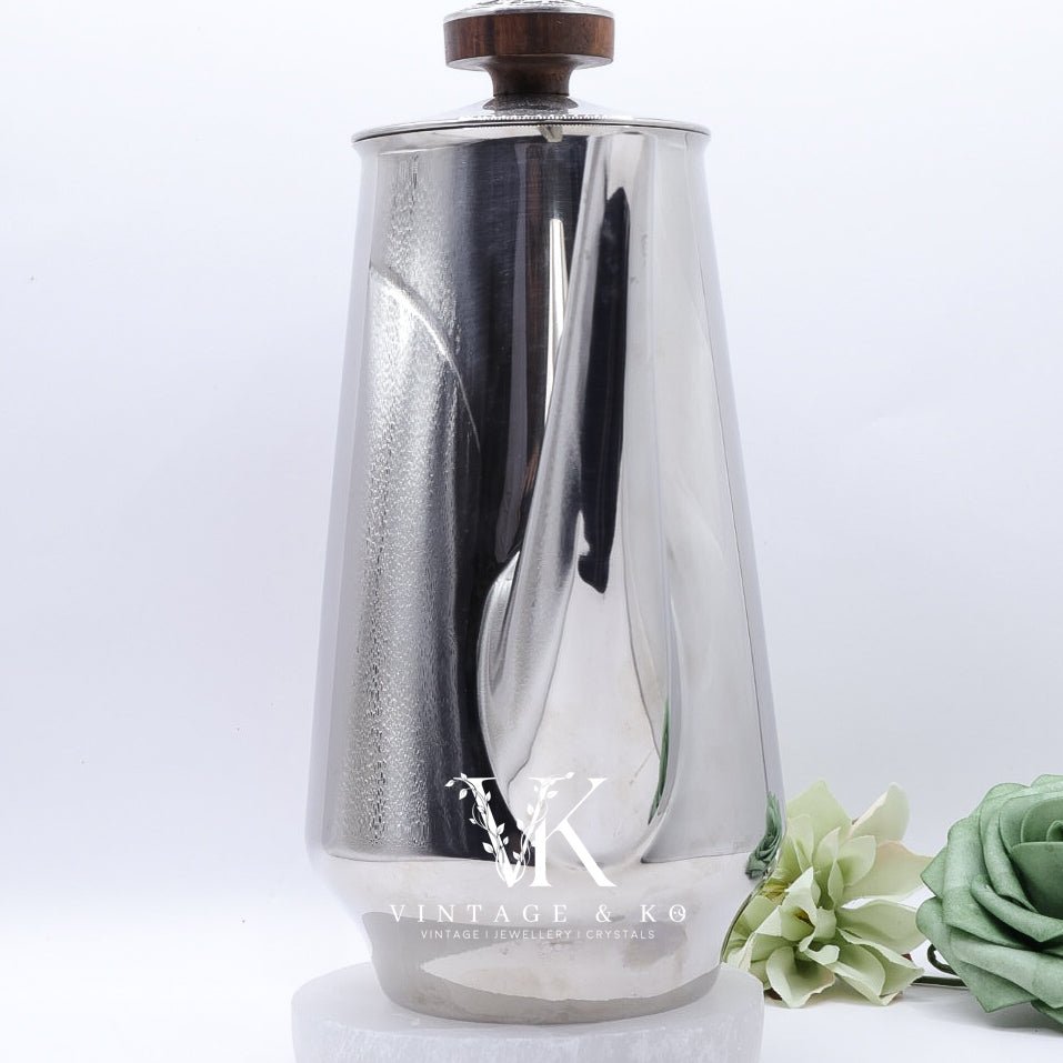 18/10 Stamped Stainless Steel Coffee Pot, Vintage Lucky Wood Florence