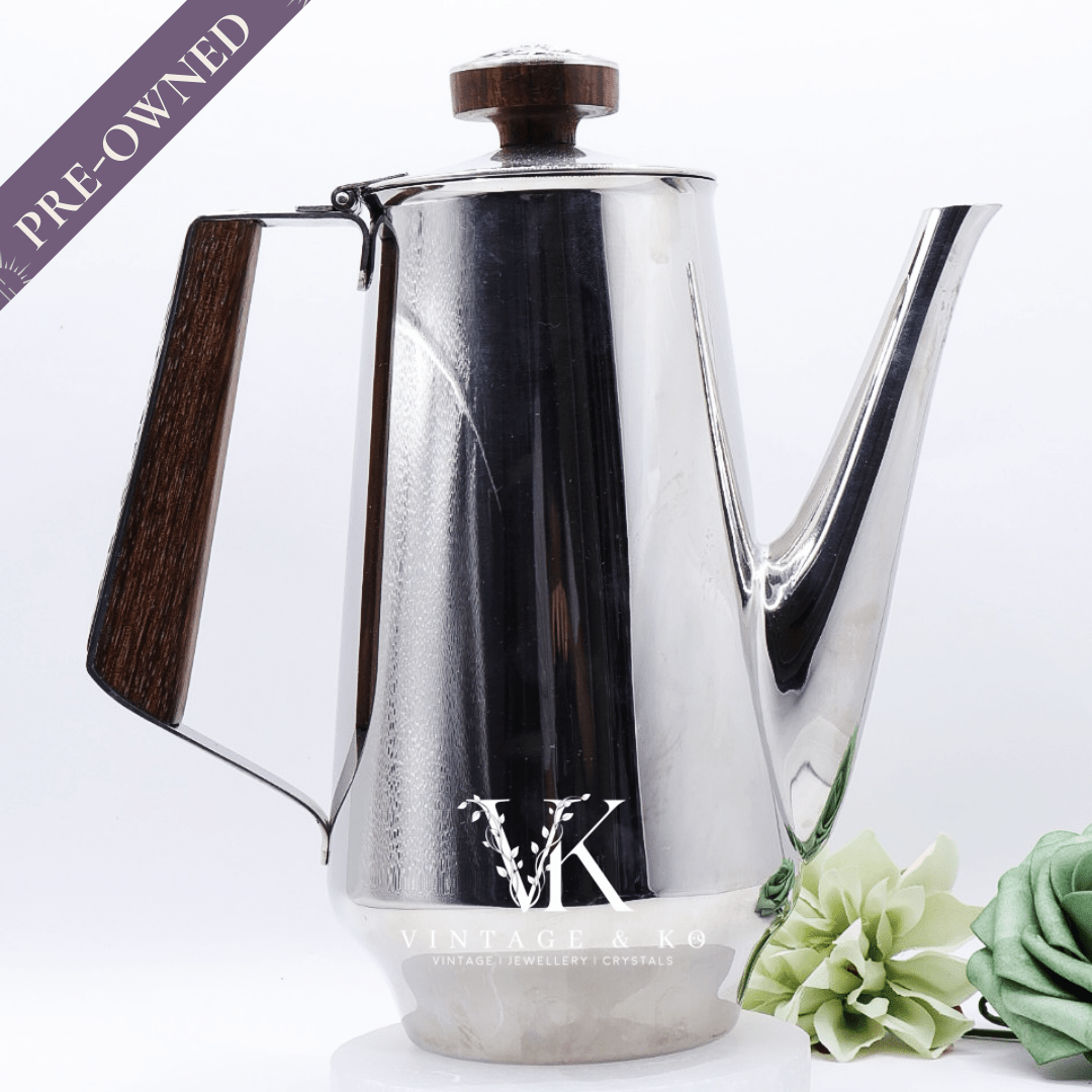 18/10 Stamped Stainless Steel Coffee Pot, Vintage Lucky Wood Florence