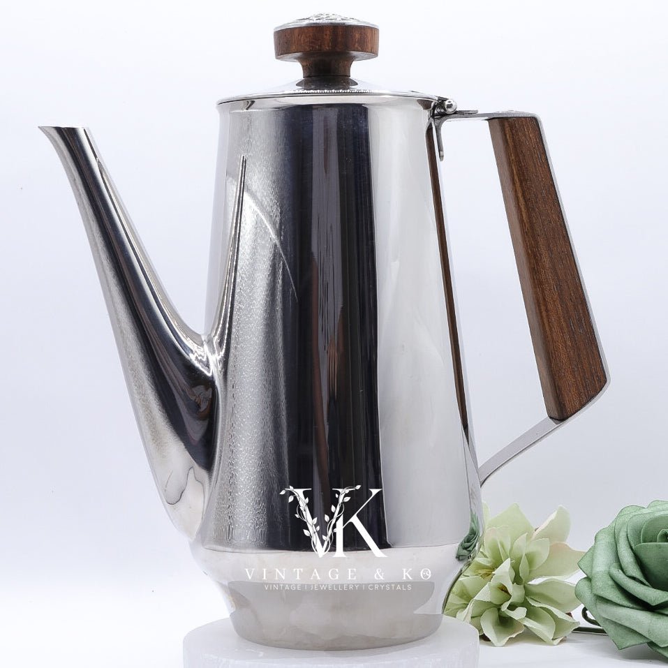18/10 Stamped Stainless Steel Coffee Pot, Vintage Lucky Wood Florence