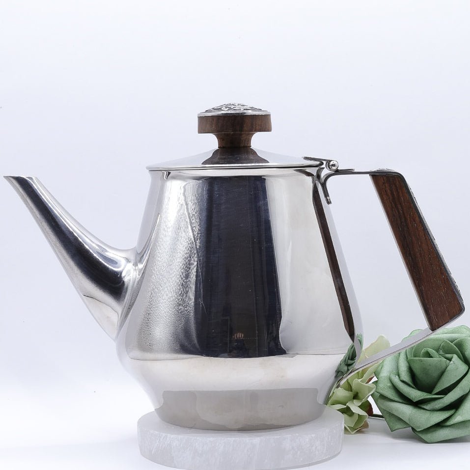 18/10 Stamped Stainless Steel Tea Pot, Vintage Lucky Wood Florence