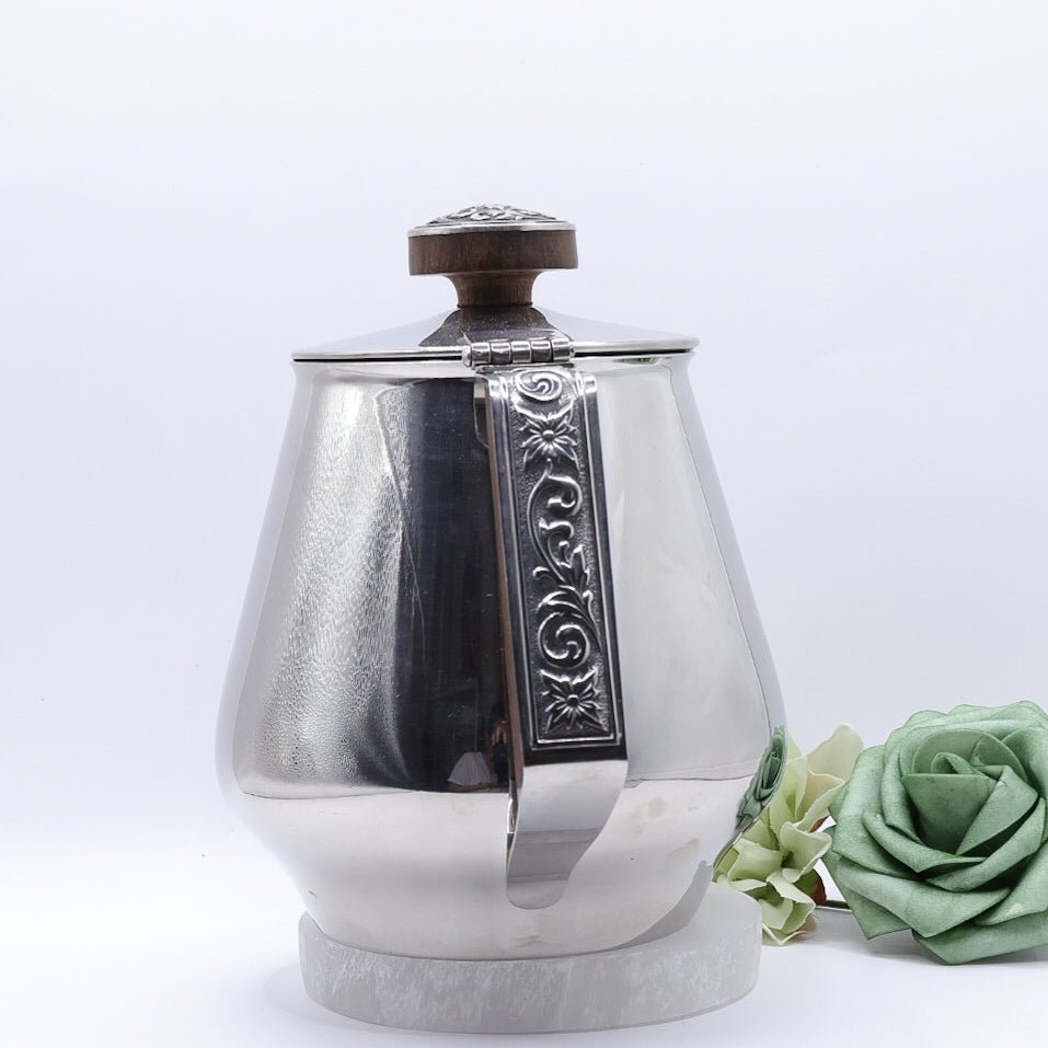 18/10 Stamped Stainless Steel Tea Pot, Vintage Lucky Wood Florence