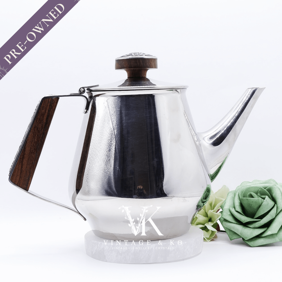 18/10 Stamped Stainless Steel Tea Pot, Vintage Lucky Wood Florence