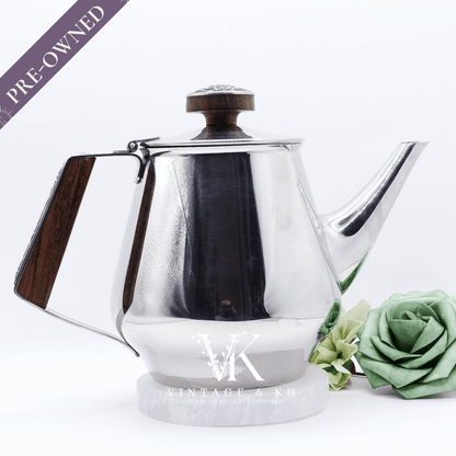 18/10 Stamped Stainless Steel Tea Pot, Vintage Lucky Wood Florence