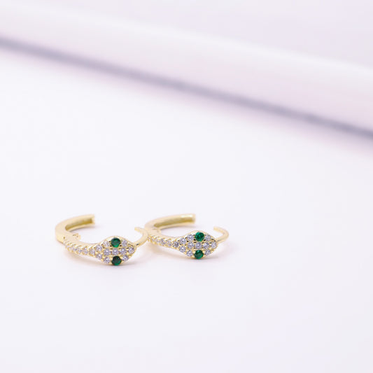 925 Gold Sterling Silver Green Stone Snake Small Hoops with CZ