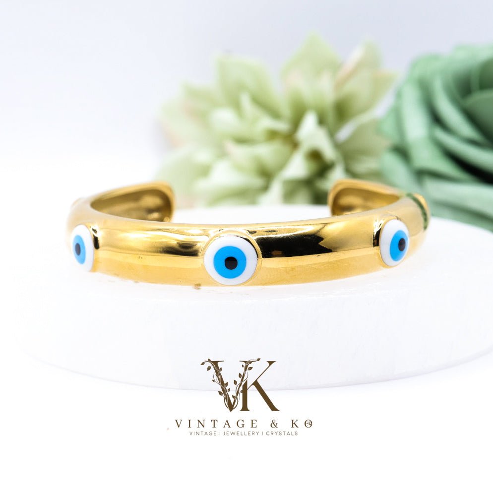 18K Gold Plated Evil Eye Open Cuff Bracelet