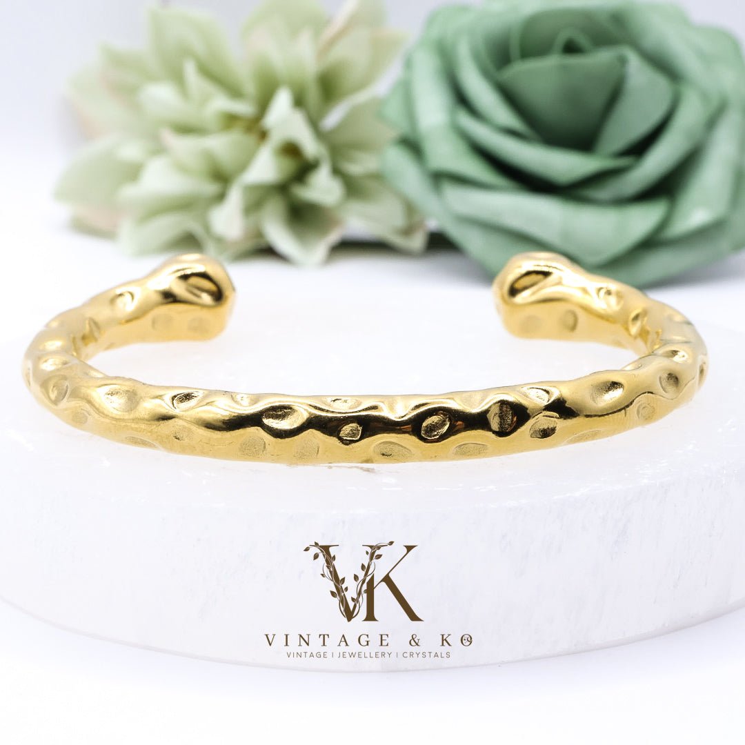 18k Gold - plated Hammered Stainless Steel Cuff Bangle