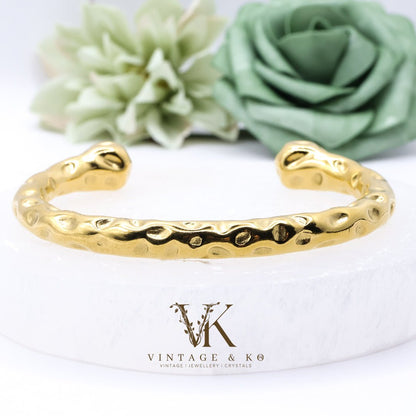 18k Gold - plated Hammered Stainless Steel Cuff Bangle