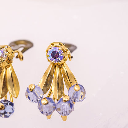 Vintage Blue & Gold Toned Beaded Clip On Earrings