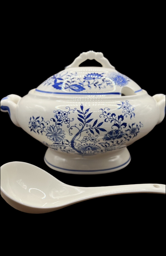Vintage Floral Tureen Japanese Yanodento Glazed Blue & White with Large Ladle