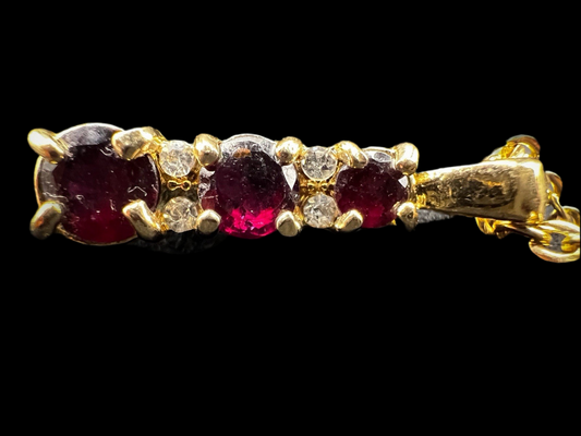 Gold Toned Red Garnet Pendant Necklace with Small Clear Stones