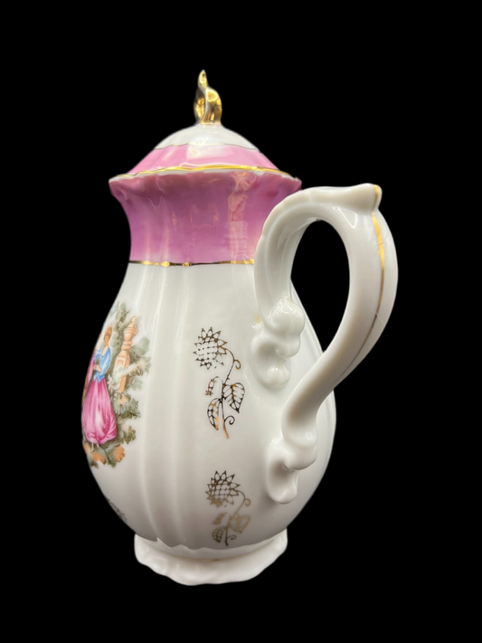 Vintage Pink & White Hand-Painted Porcelain Teapot with Gold Accents – Victorian
