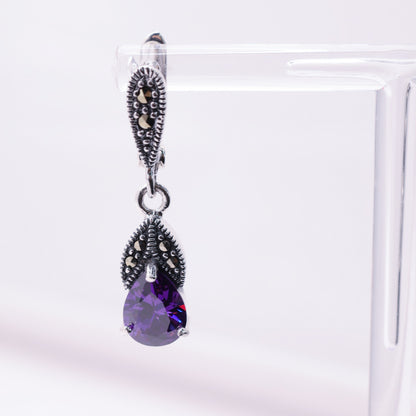 925 Sterling Silver Marcasite Purple Drop Stud Earrings