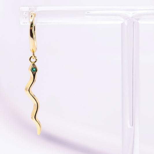 925 Gold Sterling Silver Green Eyed Dangle Snake Small Hoops