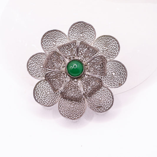 Palestine Filigree Flower Brooch with Green Stone | .925 Sterling Silver