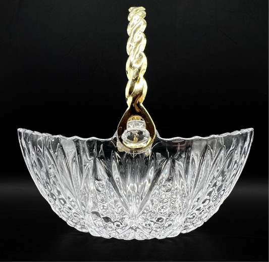 Vintage Crystal Decorative Bowl with Gold Handle,  Mikasa Cut Glass Basket