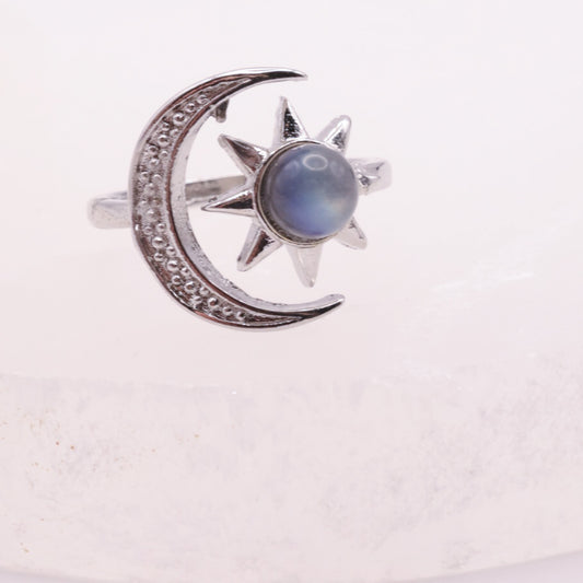 Whimsical Sun & Moon Labradorite Silver Adjustable Ring