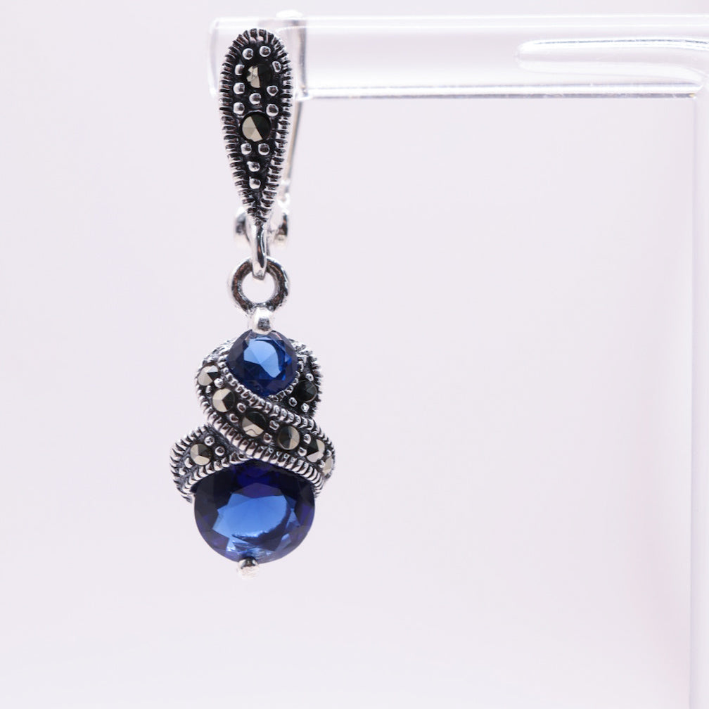 925 Sterling Silver Marcasite & Sapphire Blue Stud Earrings