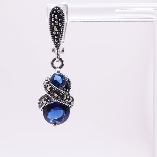 925 Sterling Silver Marcasite & Sapphire Blue Stud Earrings