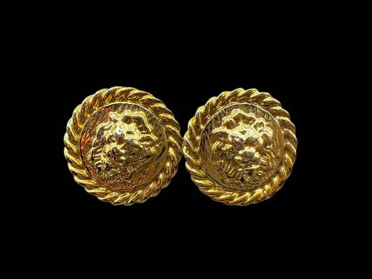 10kt Gold Plated Large Lion Motif Stud Earrings, Vintage Round Elegant Jewellery