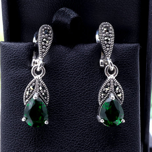 Emerald Green & Marcasite Drop Earrings | .925 Sterling Silver